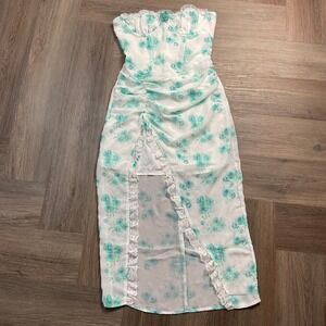 Finesse Floral Strapless Bustier Ruched Lace Chiffon Dress Womens XS White Teal